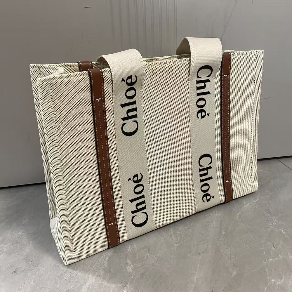 Chloé Woody Canvas Leather Trim Tote Bag